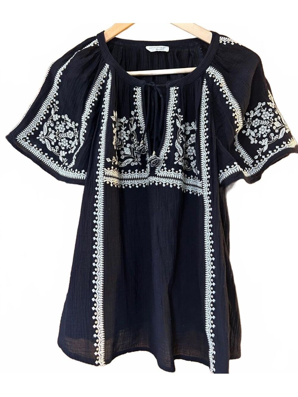 Lovestitch Sewn with Love black embroidered Bohemian Gauze Cotton Peasant Top M